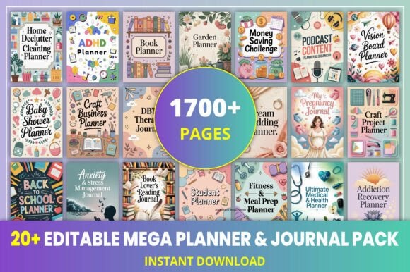 editable kdp templates - 20editable Mega Planner Journal Pack